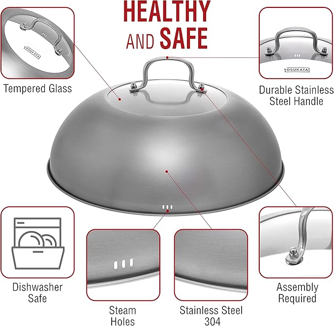 YOSUKATA Wok Lid 13.6 Inch - Premium Stainless Cover with Tempered Glass Insert Steam Holes - Dishwasher-Safe Lid for 14-Inch Wok - Chees Melting Dome for Griddle