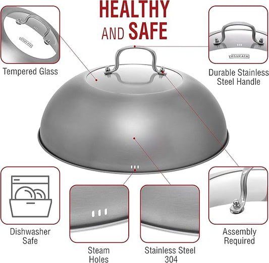 YOSUKATA Wok Lid 13.6 Inch - Premium Stainless Cover with Tempered Glass Insert Steam Holes - Dishwasher-Safe Lid for 14-Inch Wok - Chees Melting Dome for Griddle