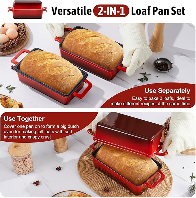 P&P CHEF 2 In 1 Enameled Cast Iron Loaf Pan with Lid, 9 x 5 Inch Bread Loaf Pans for Baking Homemade Sourdough Bread, Meatloaf, Toast, Cake, Nonstick & Healthy & Sturdy, 2 Piece Set - Red