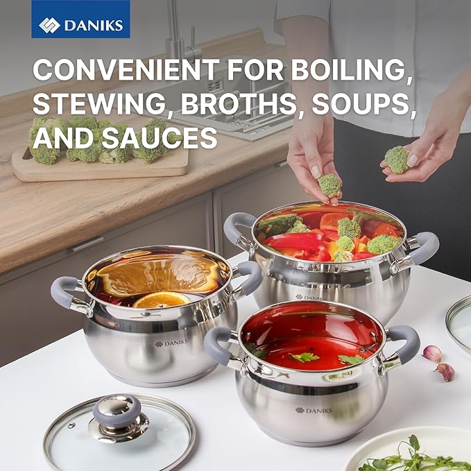 Daniks Modern 6-Piece Stainless Steel Induction Cookware Set – Dishwasher Safe Pots with Heatproof Handles, Glass Lids, Silver