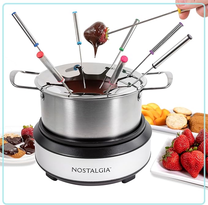 Nostalgia 8-Cup Electric Fondue Pot Set for Cheese & Chocolate - 8 Color-Coded Forks, Temperature Control - Kitchen Gadgets and Appliances for Hors d'Oeuvres and More - Stainless Steel
