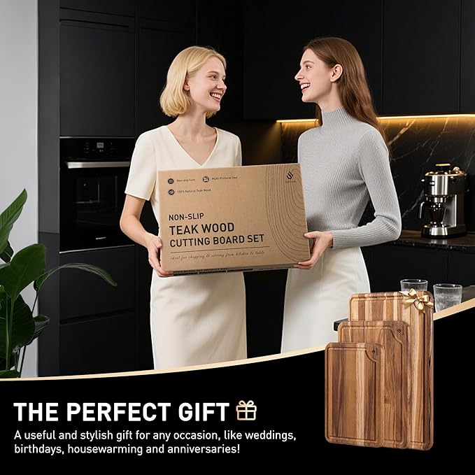 Teak Wood Cutting Board Set for Kitchen High-End Non Toxic Non Slip Over Sink Solid Thick Wood Haus Chopping Board Extra Large Big Small Best Kitchen Essential House Warming Hostess Host Gift