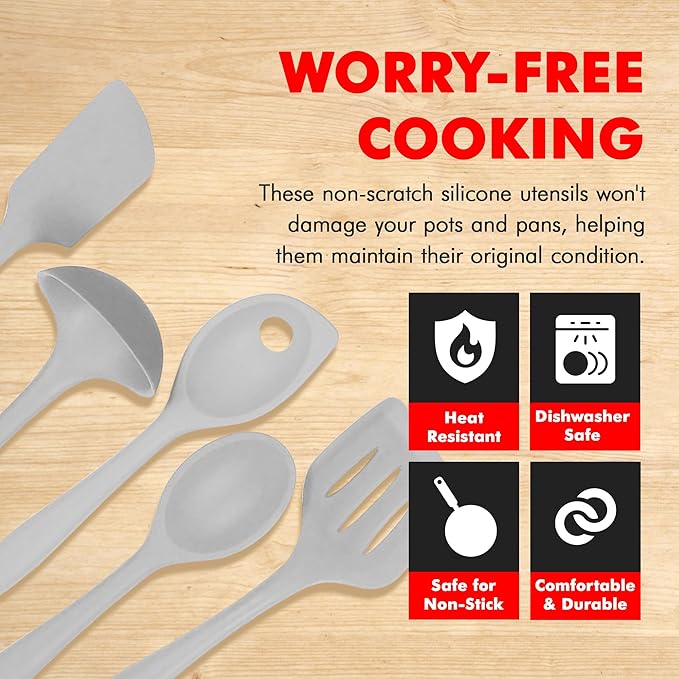 Chef Craft - Premium Silicone Kitchen Tools and Utensils Set, Non-Scratch, Withstands Temperatures up to 450°F, BPA-Free, 5 Piece Cooking Utensils Set, Gray