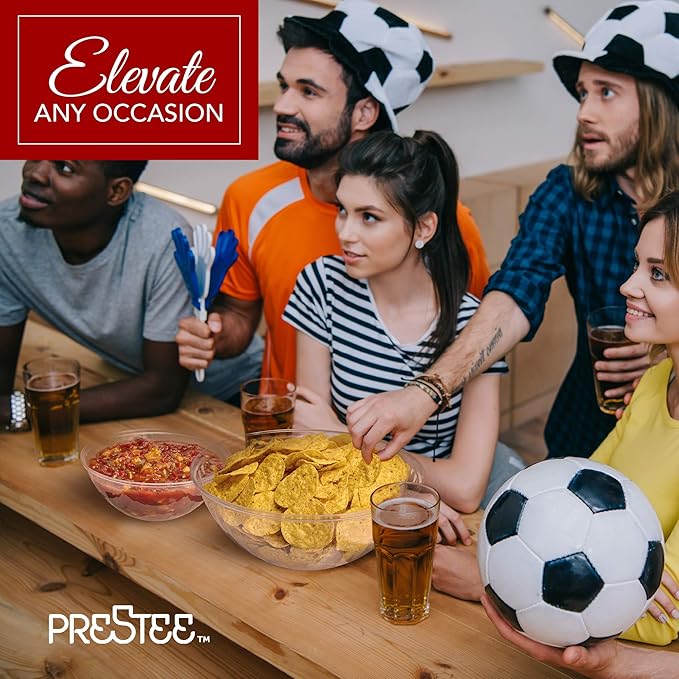 Prestee Clear Plastic Serving Bowls, 96 Oz. 6 Pack - Round Disposable Large Plastic Bowl, Punch, Party, Chip Bowl Containers for Candy, Salads, Parties, and Serving Food - Salad Bowls Dish for Eating