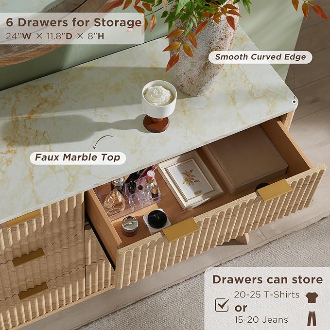 T4TREAM Fluted 6 Drawers Dresser, 54" Wide Modern Chest of Drawers with Faux Marble Top, Curved Profile Design, Dresser TV Stand, Wood Drawer Organizer for Bedroom, Living Room, Hallway, Natural Oak
