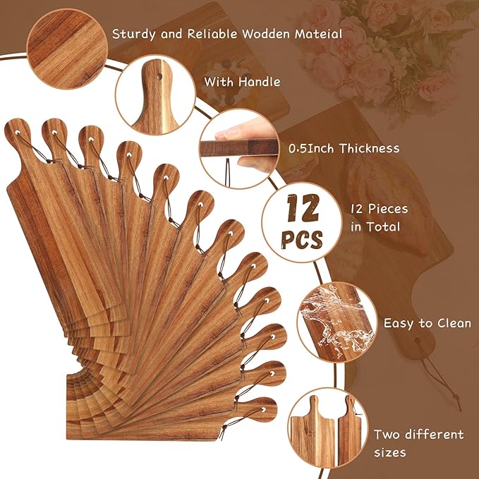 Tanlade 12 Pcs Wood Cutting Board Set Cutting Board with Handle Chopping Serving Board Butcher Cutting Block for Valentines Mother's Day Wedding Housewarming Gift, 16'' x 10'', 16'' x 5'' (Acacia)