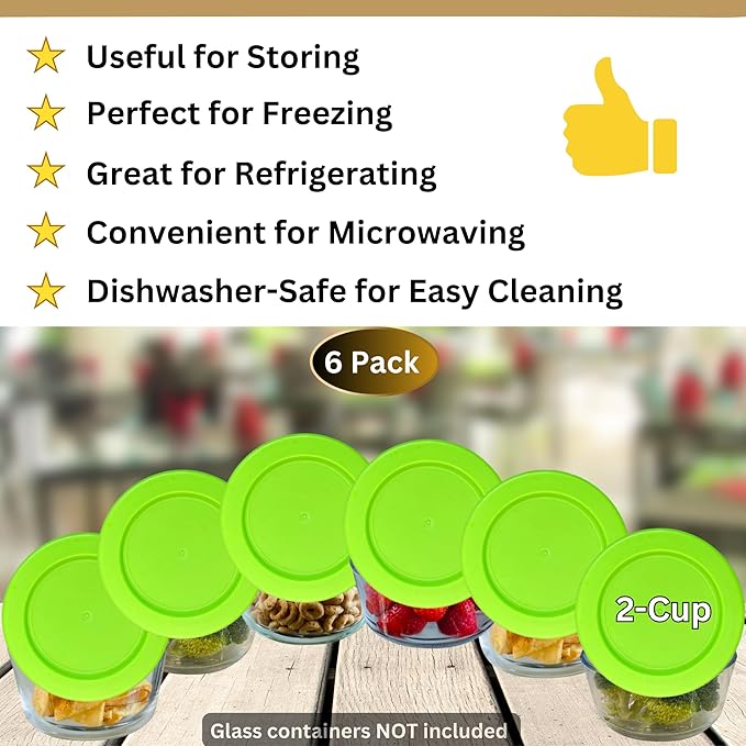 2 Cup/470 mL Spring Green Replacement Lids/Covers for Pyrex 7200-PC, 2 Cup/16oz Anchor Hocking & Klare Ware Storage Bowls *Lids Only* - *Glass Container Not Included* (6 Pack, Spring Green)