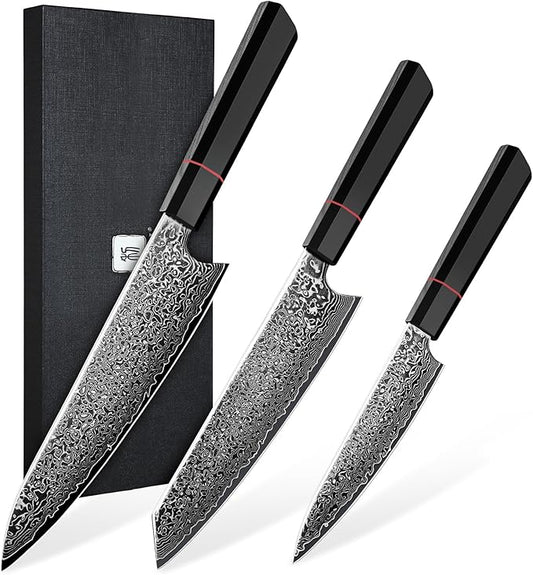 TIVOLI Damascus Knife Set 3PCS, Japanese Kitchen Knife With VG10,Ultra Sharp Cooking Knife Set With Octagonal Handle,Professional Chef Knives Set for Meat Vegetable Fruit, Ideal Gift for Dad,Mom
