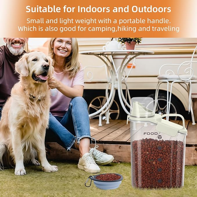 3-5 LBS Cat Dog Food Storage Container Upgraded Large Nozzle BPA-free, Plastic Pet Food Storage Containers With 4 Sealed Clasps, 1 Measuring Cup and With Folding Bowl (Beige 1Pack)