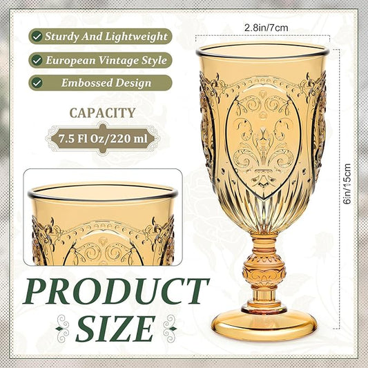24 Pcs Plastic Goblets 7.5oz Vintage Goblet Plastic Wine Glasses Colored Retro Embossed Water Goblets for Wine Bar Juice Baby Shower Wedding Reception Grand Event Party (Amber)