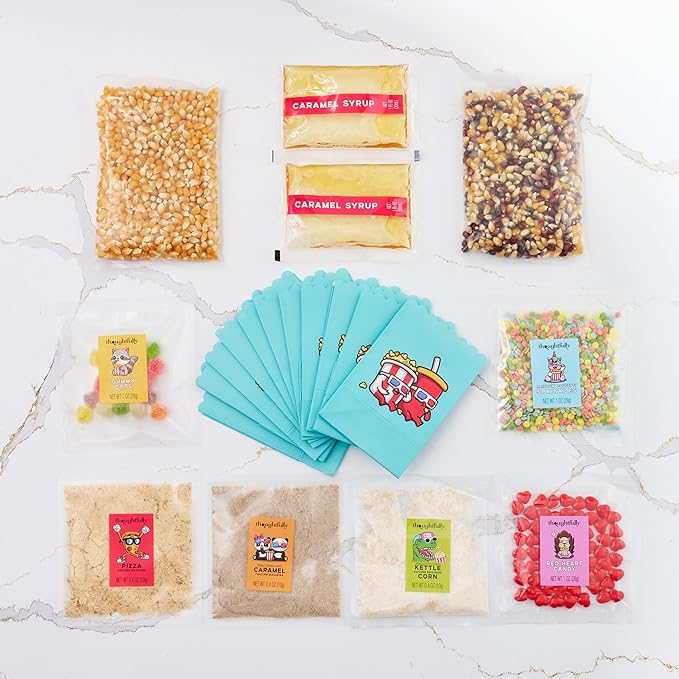 Thoughtfully, Family Movie Night Supplies Kit, Includes Popcorn Bags, Gourmet Popcorn Kernels, Seasonings and Candy Toppings, Gift Basket Idea