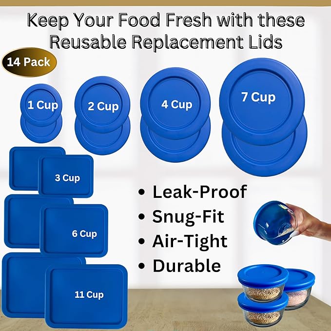 1, 2, 4 & 7 Cup Blue Round & 3, 6, 11 Cup Blue Rectangle Replacement Lids/Covers for Pyrex, Anchor Hocking & KlareWare Storage Bowls *Lids Only -Glass Container Not Included*, 14 Pack *2 of Each Size*
