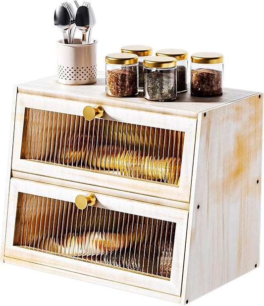 Vintage Double Layer Bread Box for Kitchen Countertop,Large White Bread Boxes Wooden Breadbox Bread Storage Container Bin Bread Holder(Vintage White)