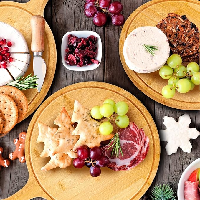 Nuenen 30 Pcs Round Wood Cutting Board with Handle Acacia Bamboo Wooden Serving Kitchen Chopping Boards for Pizza, Bread, Cheese, Charcuterie, Fruit, Vegetables (Bamboo)