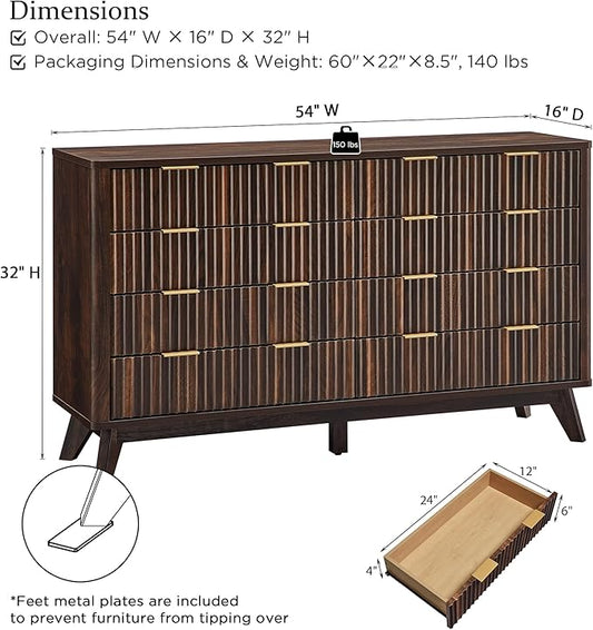 T4TREAM Fluted 8 Drawers Dresser, 54" Wide Modern Chest of Drawers, Curved Profile Design, Dresser TV Stand, Wood Drawer Organizer for Bedroom, Living Room, Hallway, Dark Walnut