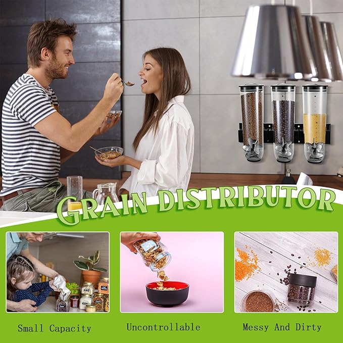 Umigy 1 Pcs Candy Dispenser Wall Mounted, Triple Dry Cereal Grain Dispenser Machine Wall Mount, Food Storage Container for Pantry Snack with 3 Cup for Kitchen, 39 oz (Black)