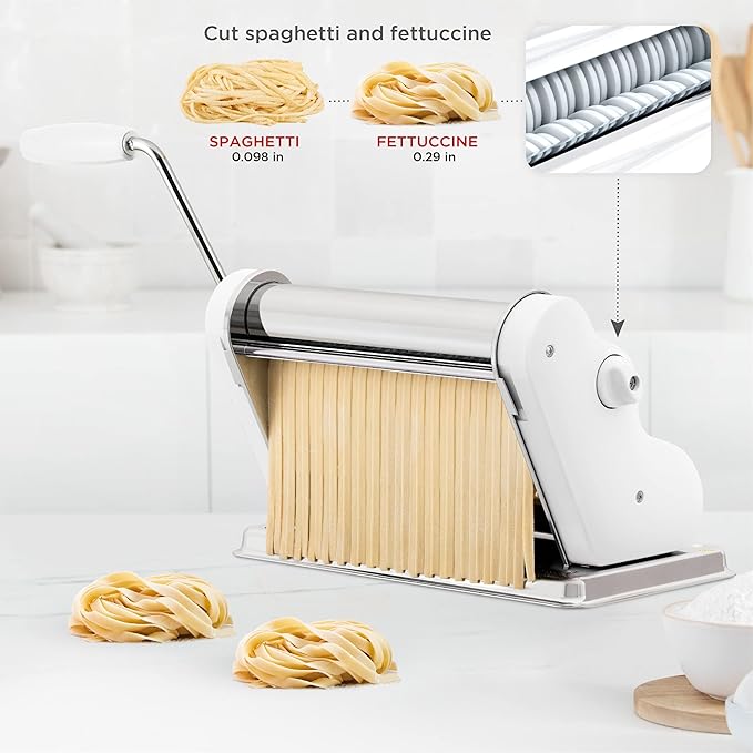 PASTALINDA Classic 260 Pasta Maker Machine, 26 cm Wide Rollers, 9 Thickness Positions, 2 Cutting Positions, Stainless Steel. Includes Reinforced Hand Crank And Two Clamps (White)