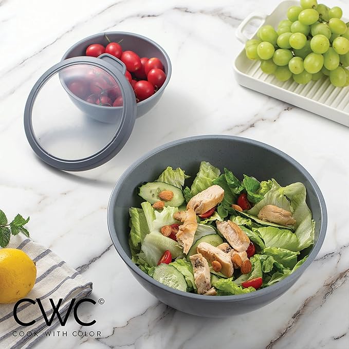 COOK WITH COLOR Mixing Bowls with TPR Lids - 12 Piece Plastic Nesting Bowls Set includes 6 Prep Bowls and 6 Lids, Microwave Safe Mixing Bowl Set (Speckled Charcoal)