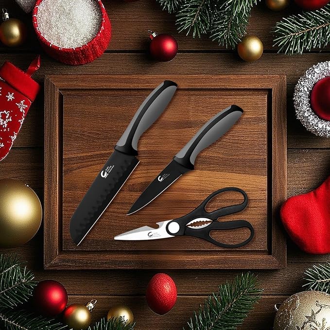Kitchen Knife, 3-Pcs Black Knives Set with Multifunctional Kitchen Scissors, 6'' Santoku and 4'' Paring Knife for Chef Paring Cutting Slicing Dishwasher Safe (Anti-Slip Handle)