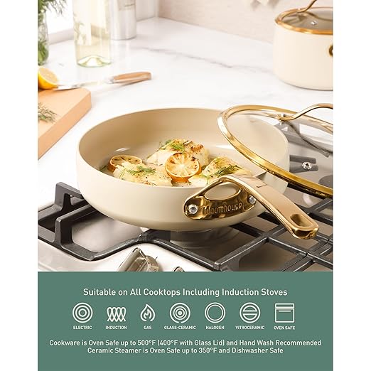 bloomhouse 15 Piece Pots and Pans Heavy Duty Aluminum Premium PFA Free Ceramic Nonstick Cookware Set - Almond Cream w/Gold Handle