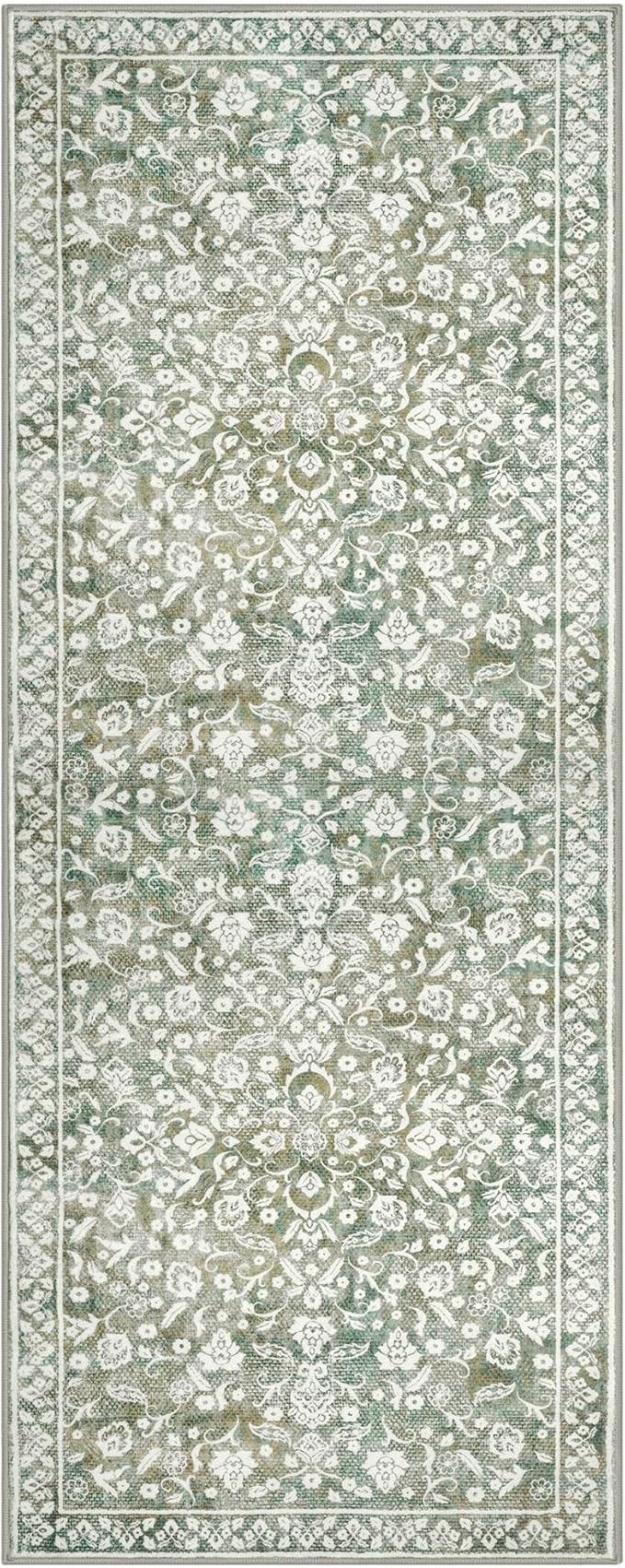 Vintage 2x7 Runner Rug, Sage Green Beige Washable Runners for hallways, Super Soft Kitchen Runner Rug Non Slip, Print Faux Wool Floral Thin Carpet Runner for Entryway Indoor Bedside Runner