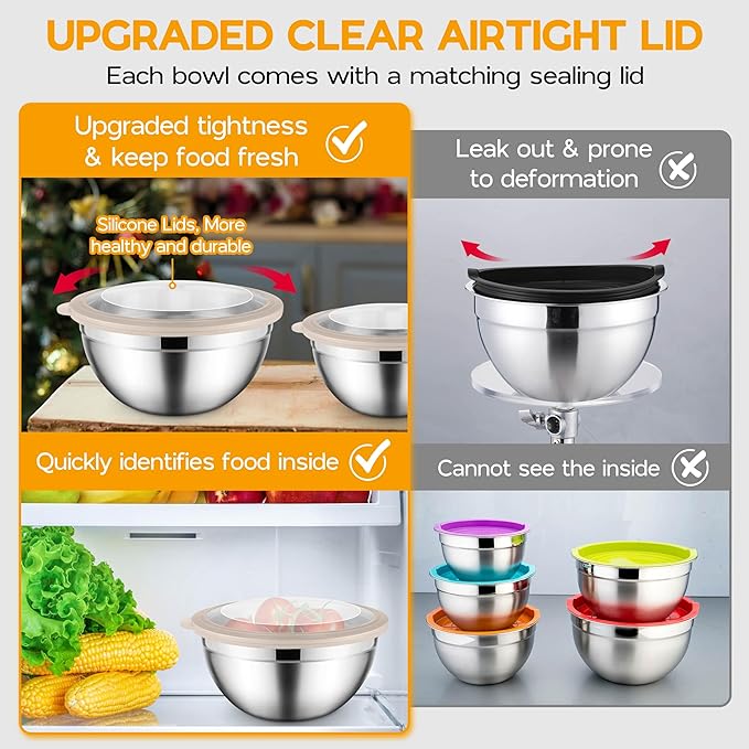 Onader Mixing Bowl Set of 5 for Kitchen, Stainless Steel Metal Nesting Mixing Bowls with Khaki Lids – Size 1.5, 2, 2.6, 3.5, 4.6QT