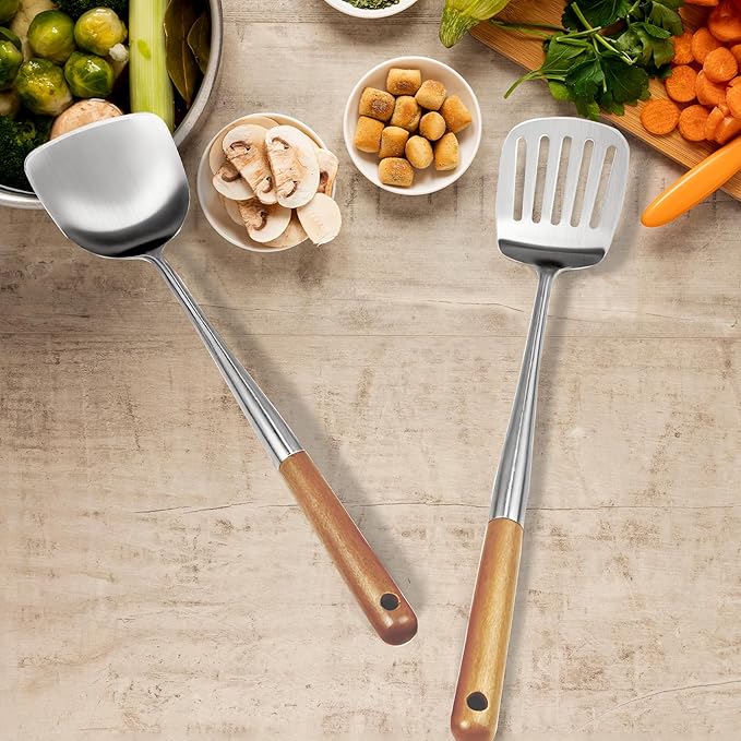 304 Stainless Steel Cooking Utensils Set with Wooden Handle, 2 PCS Metal Wok Spatula for Kitchen Use