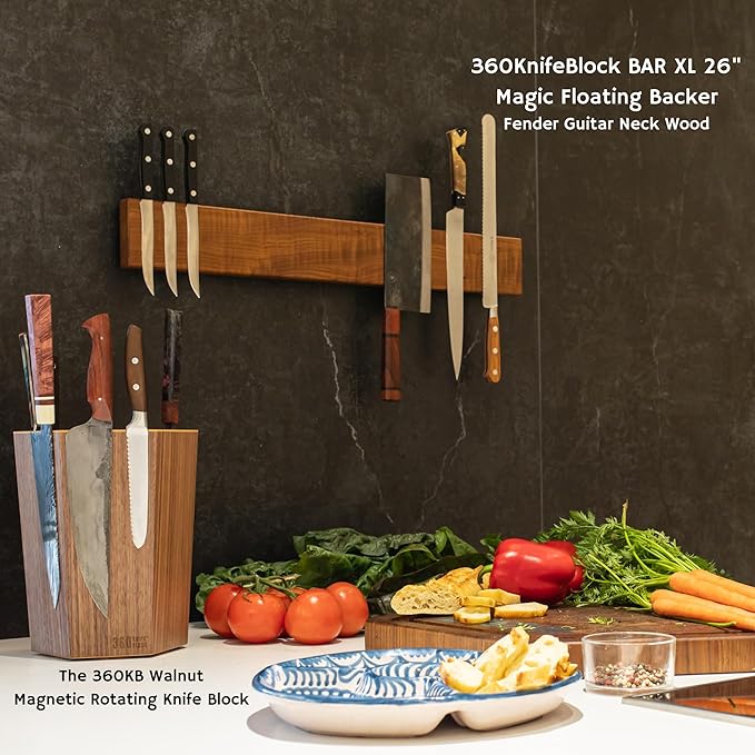 360KnifeBlock BAR - 4”x18” Guitar Wood wall mount knife BAR - verticle hang magnetic knive bar, two rows of magnets, solid wood, handmade in washington - 18" wood