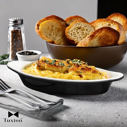 Tuxton China B4N-150 Welsh Rarebit, 17 oz., 10-5/8" x 5-1/2" x 1-1/2"H, Oval, Microwave and Dishwasher Safe, Oven Proof, Fully Vitrified, Ceramic, DuraTux, Black/Eggshell, Pack of 12