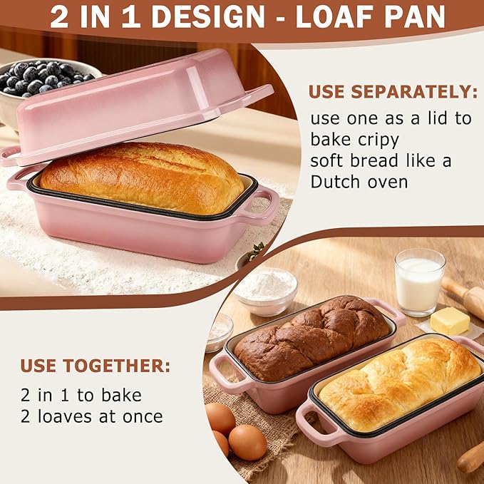 9 x 5 Inch Bread Pan Enameled Cast Iron Loaf Pan with Lid for Baking, 2 in 1 Non-stick Sourdough Bread Loaf Pan for Homemade Bread, Oven & Stovetop Safe for Gas, Electric & Induction, Pink