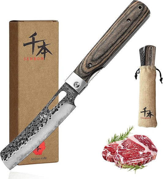 SENBON 440A Forged Stainless Steel Sharp Folding Chef Knife Peeling Utility Knife Fruit Knife Colorful Wood Handle Camping Barbecue Outdoor Pocket Portable Kitchen Knife
