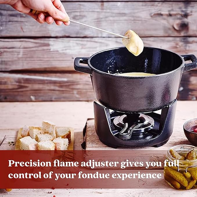 Alva Nori 2 Qt Cast Iron Fondue Set – Enameled, PFAS-Free Pot with Adjustable Burner & 8 Forks – For Cheese, Chocolate, Broth & Meat – Non-Toxic, Scratch-Resistant & Elegant Black Finish
