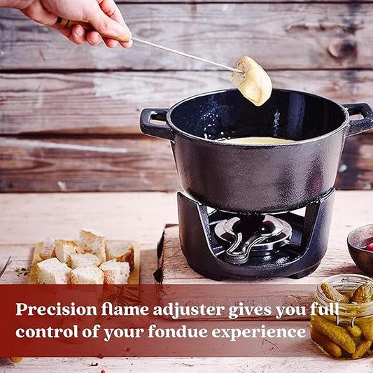 Alva Nori 2 Qt Cast Iron Fondue Set – Enameled, PFAS-Free Pot with Adjustable Burner & 8 Forks – For Cheese, Chocolate, Broth & Meat – Non-Toxic, Scratch-Resistant & Elegant Black Finish