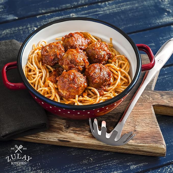 Zulay Kitchen Stainless Steel Spaghetti Server - 12” Pasta Fork with Teeth & Draining Holes - Rust-Resistant Pasta Spoon for Noodles & Pasta - Dishwasher Safe Utensil