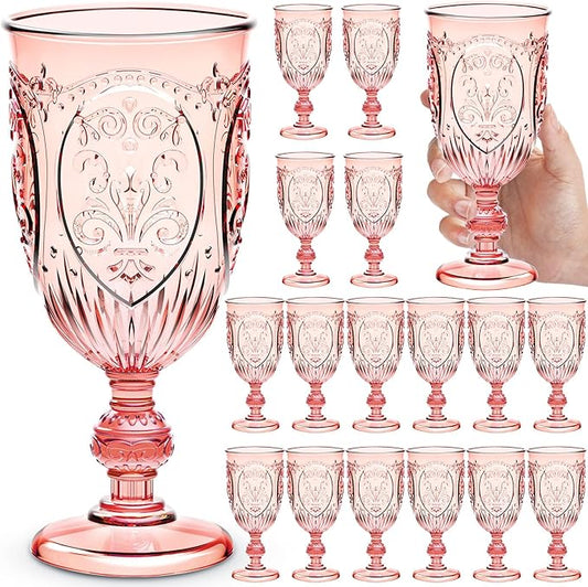 18 Pack Plastic Goblets 10oz Upgrade Vintage Water Goblet Plastic Wine Glasses Colored Retro Embossed Glassware for Party Wine Bar Juice Baby Shower Wedding Reception Grand (Pink)