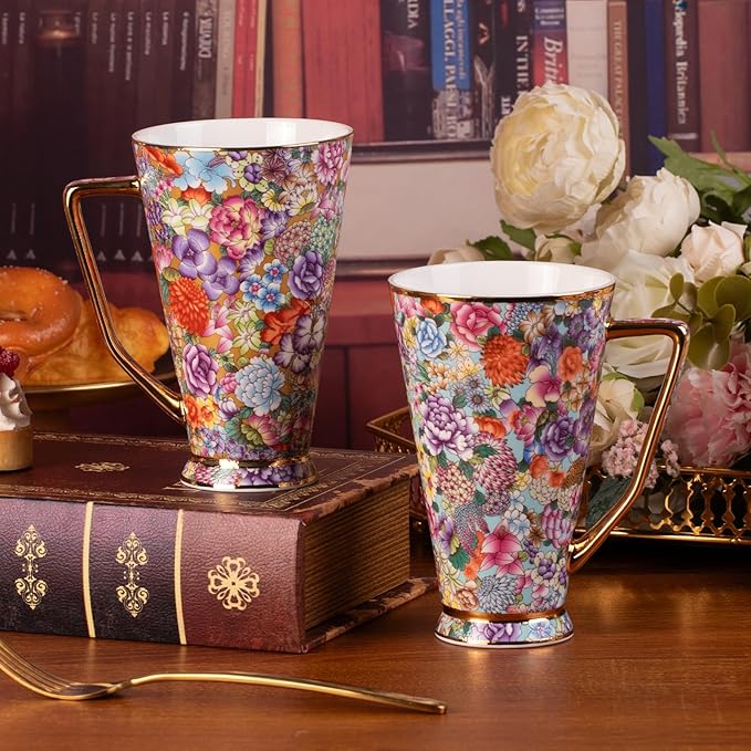 KAMMAK Ceramic Coffee Mugs 20 oz Tall Porcelain Coffee Cups Set of 2 Large Tea Mugs with Handle Vintage Tea Cups Cappuccino Mug for Latte, Espresso, Americano, breakfast cereal, Hot Cocoa, Drinks