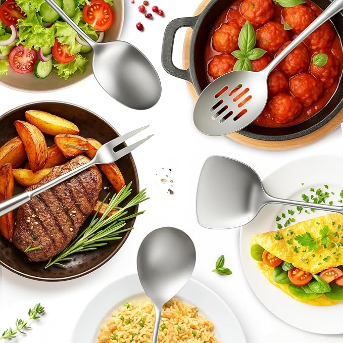 Newness 9 Pcs Cooking Utensils Set, 304 Stainless Steel Kitchen Utensils Set, Metal Kitchen Accessories, Include Soup Ladle, Slotted Skimmer Spoon, Spaghetti Spoon and Spatula, Dishwasher Safe