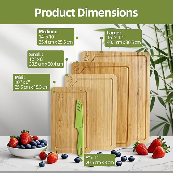 Bamboo Cutting Board Set of 4, Chopping Boards with Food Icons for Kitchen, Charcuterie Board for Meat, Vegetables, Fruits, Cheese