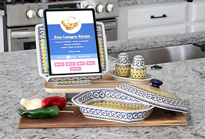 Blue Rose Polish Pottery - Yellow Saffron Salt & Pepper Shakers with Tray - 3.5" Tall - Hand-Painted Ceramic Seasoning Set for Table & Kitchen