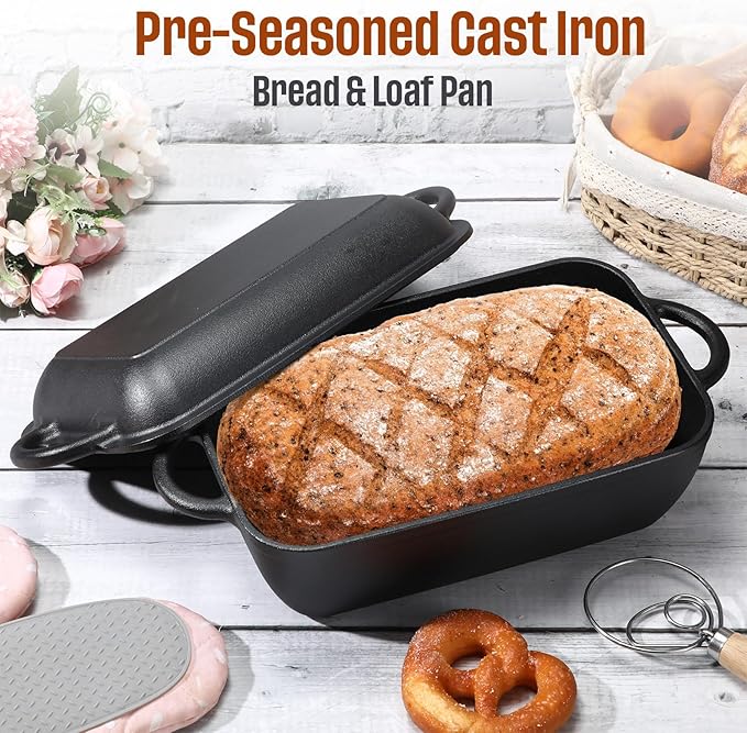 Cast Iron Bread Pan with Lid Pre-Seasoned Dutch Oven 5.7QT Non-Stick Bread Loaf Pan, Sourdough Artisan Baking Pots for Baking Roasting(Multifunctional)