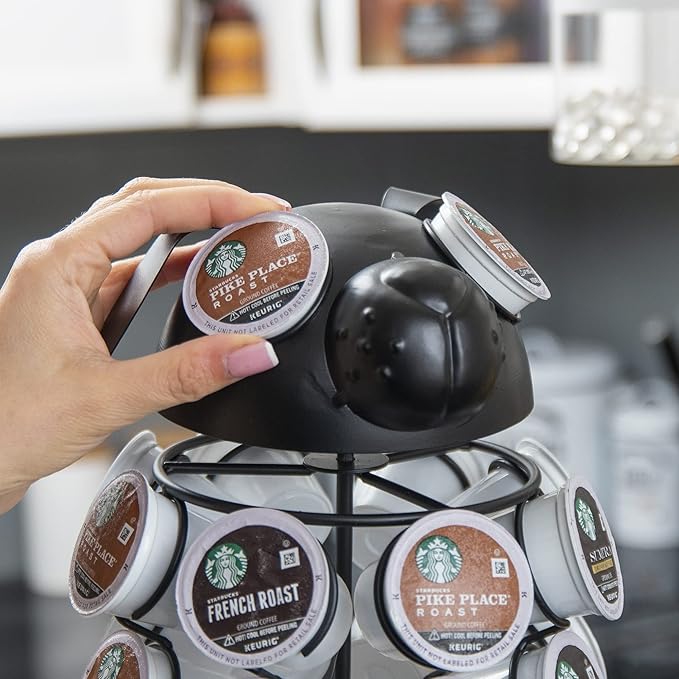 Made Easy Kit Carousel Coffee Pod Holder, Compatible with Keurig K-Pods K-Cups, Countertop Rack Storage Organizer, Metal Home and Kitchen Decor, Capsule Café Station Bar (Large, Black Dog)