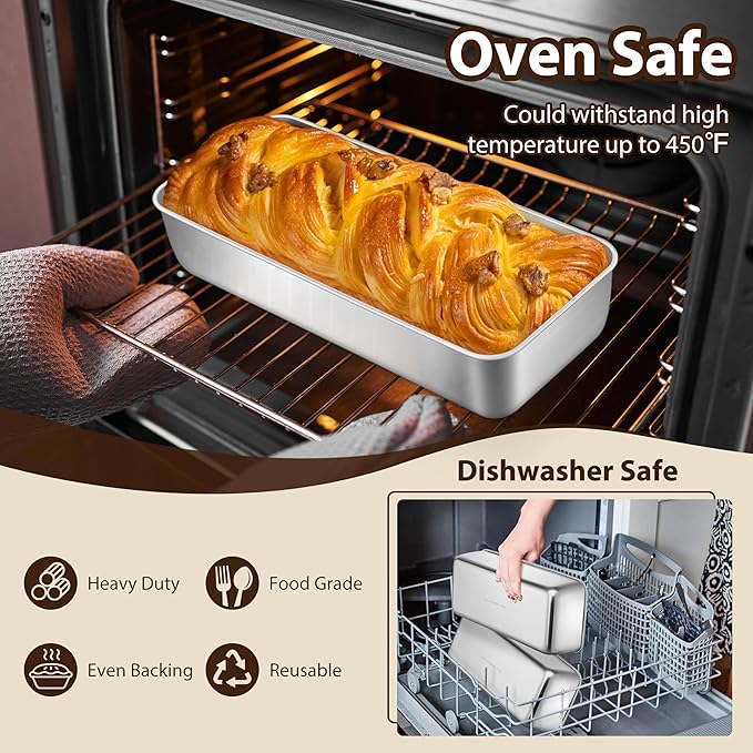 P&P CHEF Loaf Pans for Baking Bread, 12 x 5 Inch Large Stainless Steel Bread Loaf Pan Tins for Homemade Meatloaf Cake Brownies, Healthy & Sturdy, Oven & Dishwasher Safe, 4Pcs