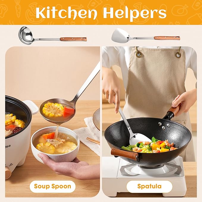 FJNATINH 2Pack Stainless Steel Wok Utensils, Heat Resistant Wok Spatulas and Ladle, with Wooden Handle, for Serving, Turning, Cooking, Stirring, Soup