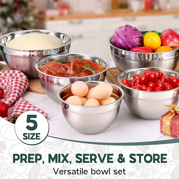 Onader Stainless Steel Mixing Bowls with Black Lids, Metal Nesting Mixing Bowl Set of 5 - Size 1.5, 2, 2.6, 3.5, 4.6QT