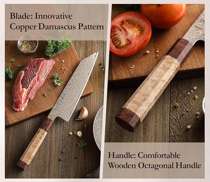 HEZHEN Kiritsuke Chef Knife,8.3 Inch, 37 Layers Tricolor Copper Damascus Steel-Japanese Damascus Knif- Professional Knife for Chefs&Home Cooking-Razor Sharp,Sycamore Wood Handle