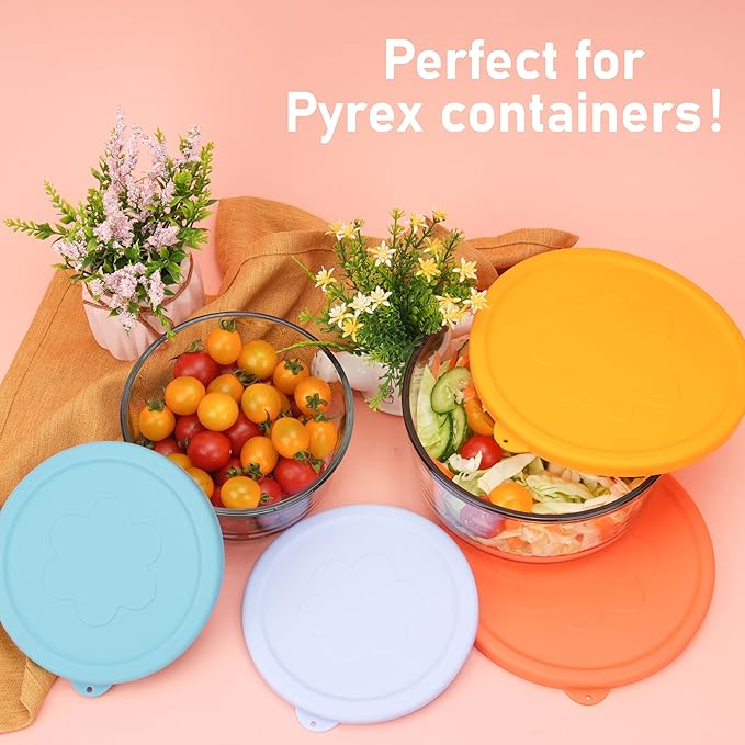 4 Cup 7 Cup Round Silicone Replacement Lids for Pyrex Glass Bowls, 4 Pack, Microwave & Dishwasher & Freezer Safe (Container not Included)