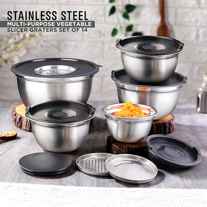 AVADOR Premium Brushed Stainless Steel Mixing Bowls Sets, Easy To Clean, Space Saving, Great for Cooking, Baking, Prepping Needs 0.25qt, 1qt, 1.5qt, 3qt, 5qt (8 pc with Lid and Grater)
