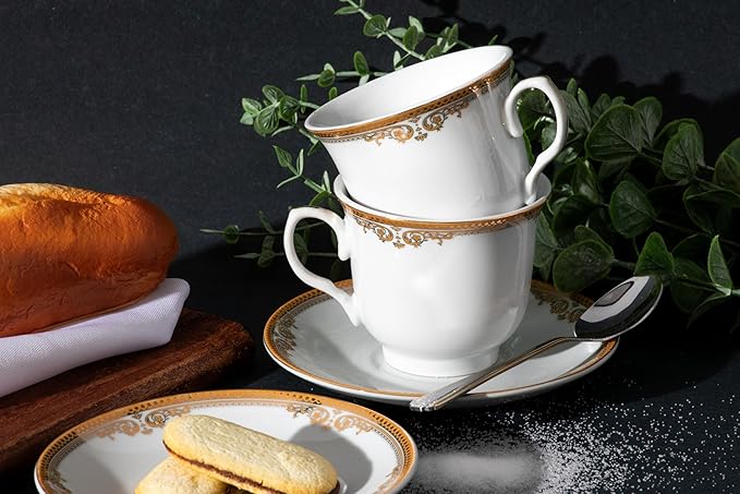 Porcelain Tea Set, 12 Piece - Elegant White with Gold Floral Edge Design - 5.5 Inch Saucers, 6.5 oz Cups - For Adults Tea Party or Everyday Dinnerware (Floral Gold)