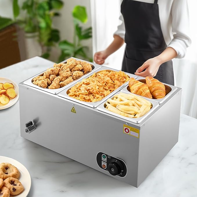WILPREP Single-Well Commercial Food Warmer with Two 1/3 Two 1/6 Pans, Electric Warmer for Food with Adjustable Temp & Auto Shutoff, Stainless Steel Food Heating Unit for Buffet Food Truck Hotel More
