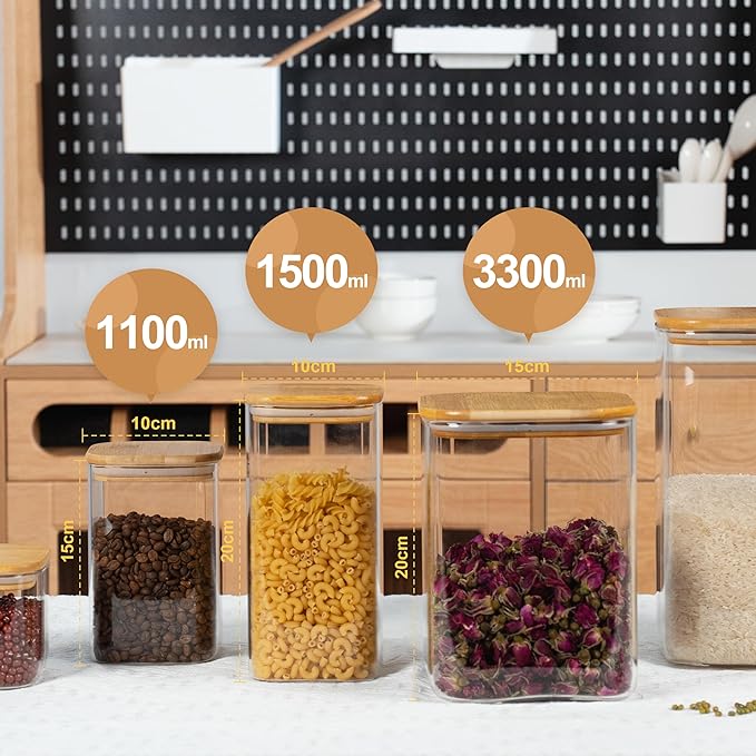 122oz 41oz Airtight Glass Square Storage Canister with Bamboo Lid Set of 2(3600ml*1 1200ml*1) Large Storage Container Gallon Glass Jars, for Sugar, Flour, and Coffee bean (with Black Lable)